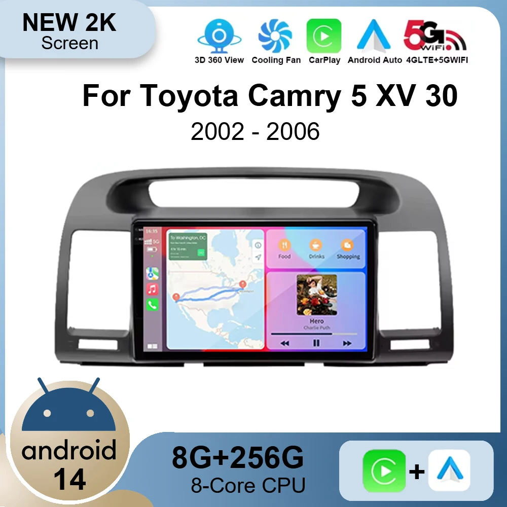 Android 14 Car Radio for Toyota Camry 5 XV 30 2001 2002 2003 2004 2005 2006 Multimedia Player Wireless Carplay Android Auto