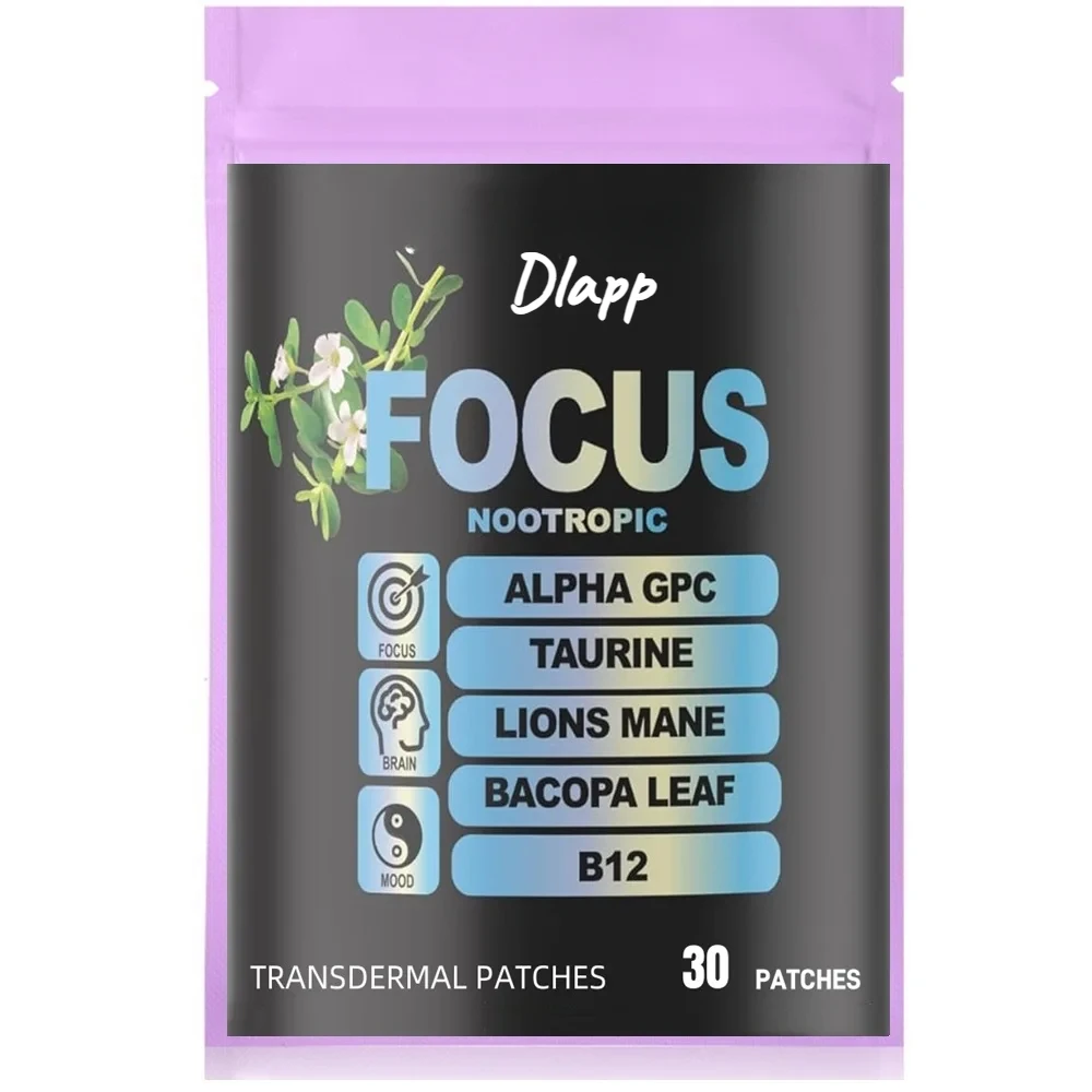 30 Patches Focus 6-in-1 Nootropic Brain Transdermal Patches with Lions Mane, Vitamin C & B12, Taurine, Bacopa