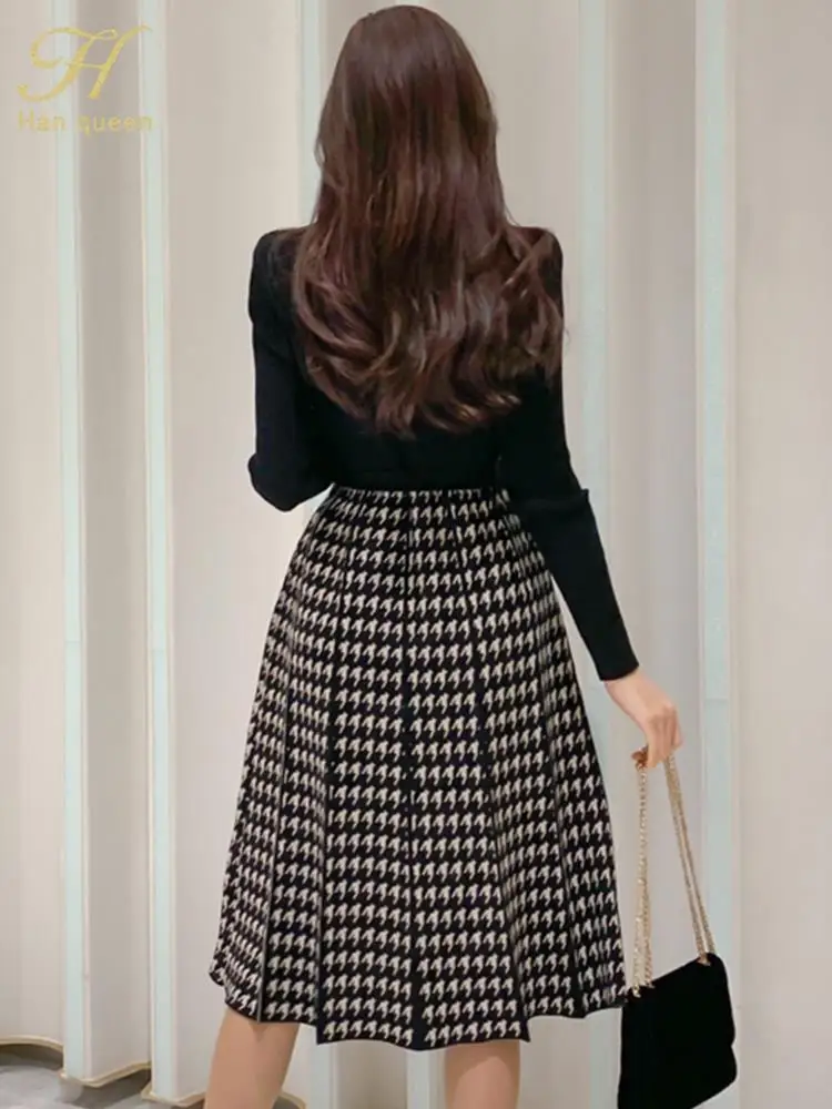 H Han Queen Winter Women Vintage Color block Houndstooth Knitted Dresses Lace-up Office Dress Elegant Bottoming Sweater Vestidos