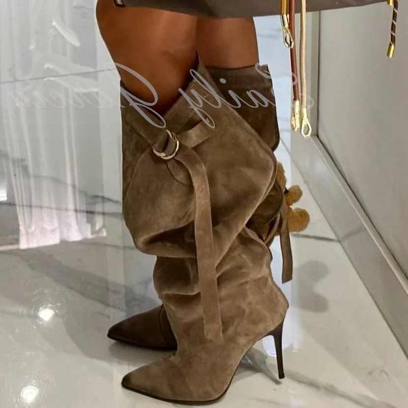 

Brown Suede Pleated Knee High Boot Women Pointy Toe Stiletto Heel Metal Ring Decor Solid Color Elegant Winter New Long Boot