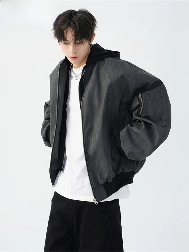 

Wassup Happy Men's Hooded PU Leather Texture Jaet Casual Sle Windproof Polyester Fiber Long Sve Zipper Closure Coat