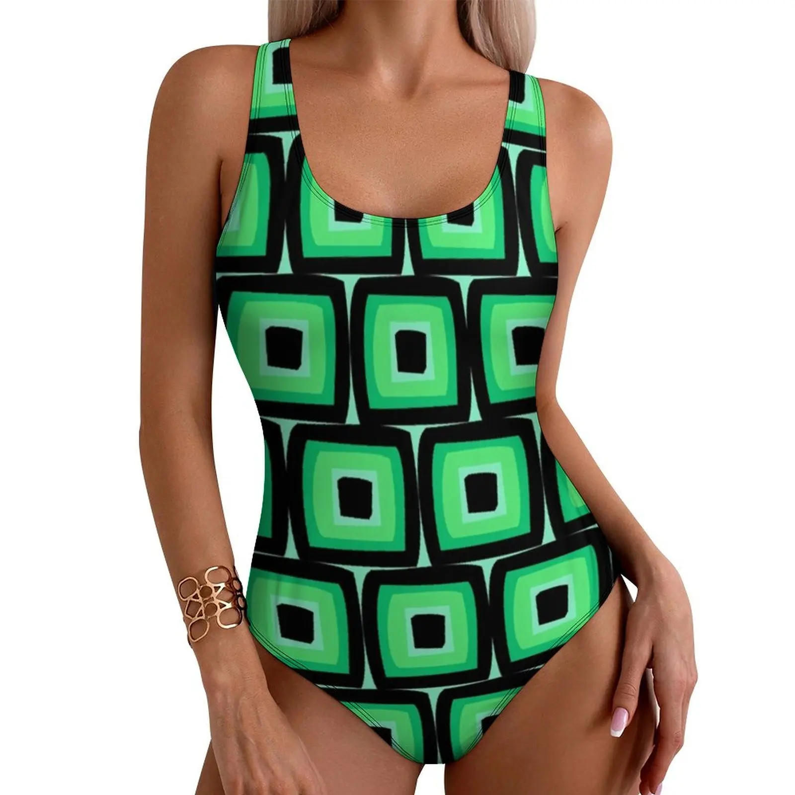 

Retro Mod Print Swimsuit Green Squares Swimwear One Piece Sport Design Bodysuit Cut Out Bathing Suit Women Push Up Beach Outfits