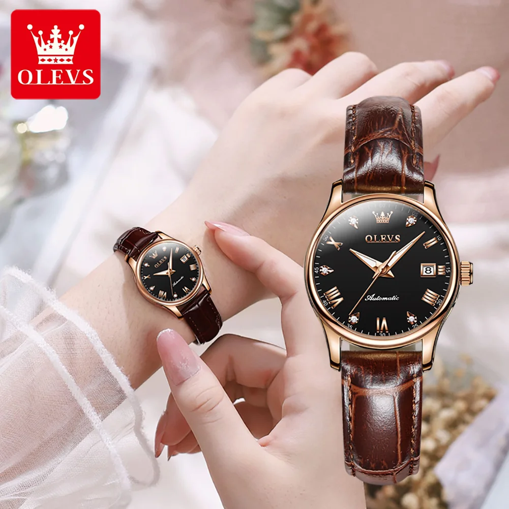 OLEVS Brand New Fashion Mechanical Watch for Women Luxury Genuine Leather Waterproof Date Wristwatch Ladies Relogio Feminino