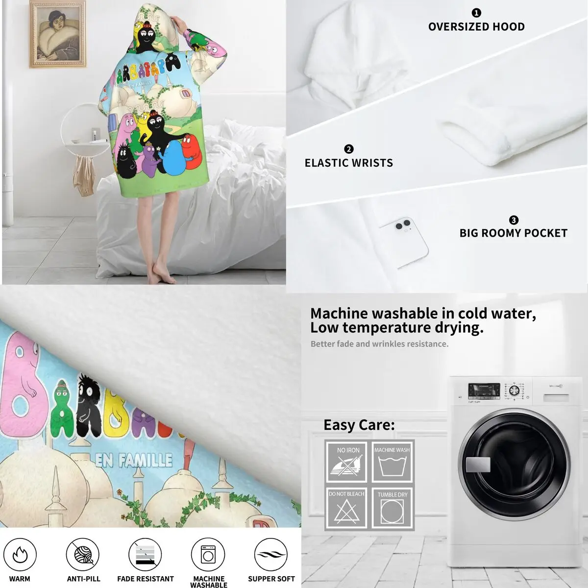 Kawaii Barbapapa الكرتون بطانية هوديي يمكن ارتداؤها بطانية كبيرة مع جيب كيس النوم الدافئة لينة مريحة نيسيي