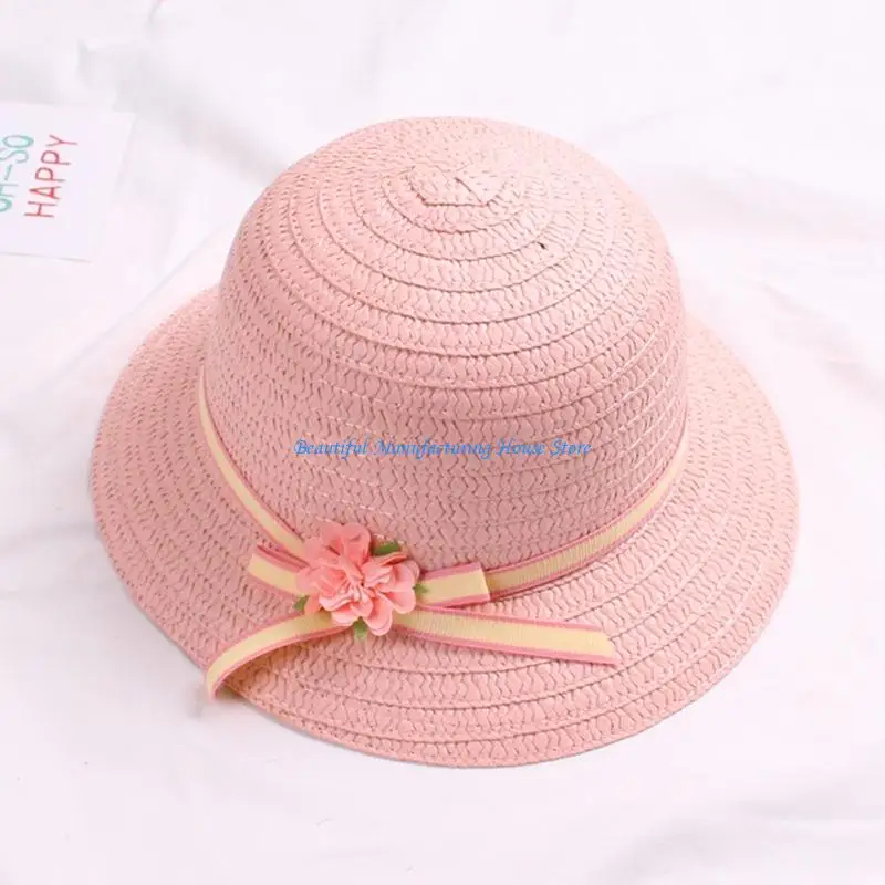 

E56A Kids Woven Sun for Protection Cap Bowknot Wide Brim Straw Bucket Hat and Han