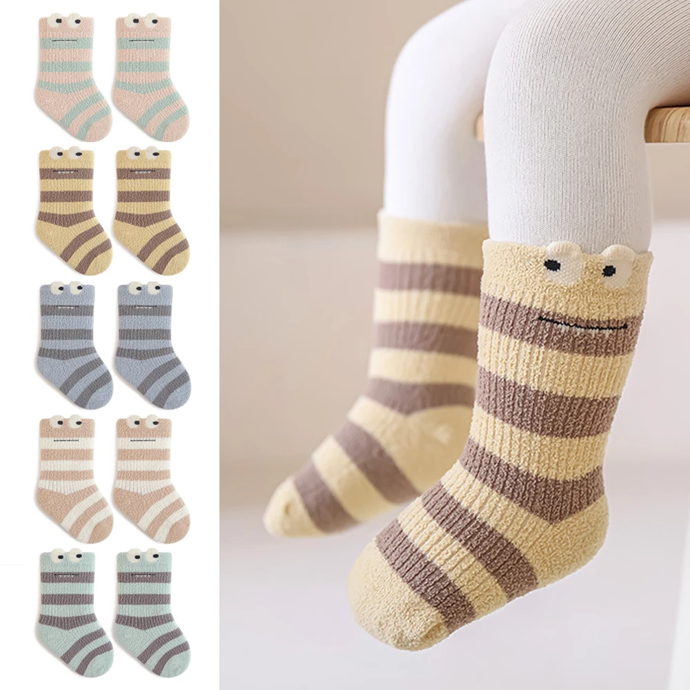 5 Pairs/Lot Coral Fleece Baby Socks Autumn Winter Thick Warm Infant Mid-calf Socks Cute Cartoon Frog Striped Toddler Socks Soft