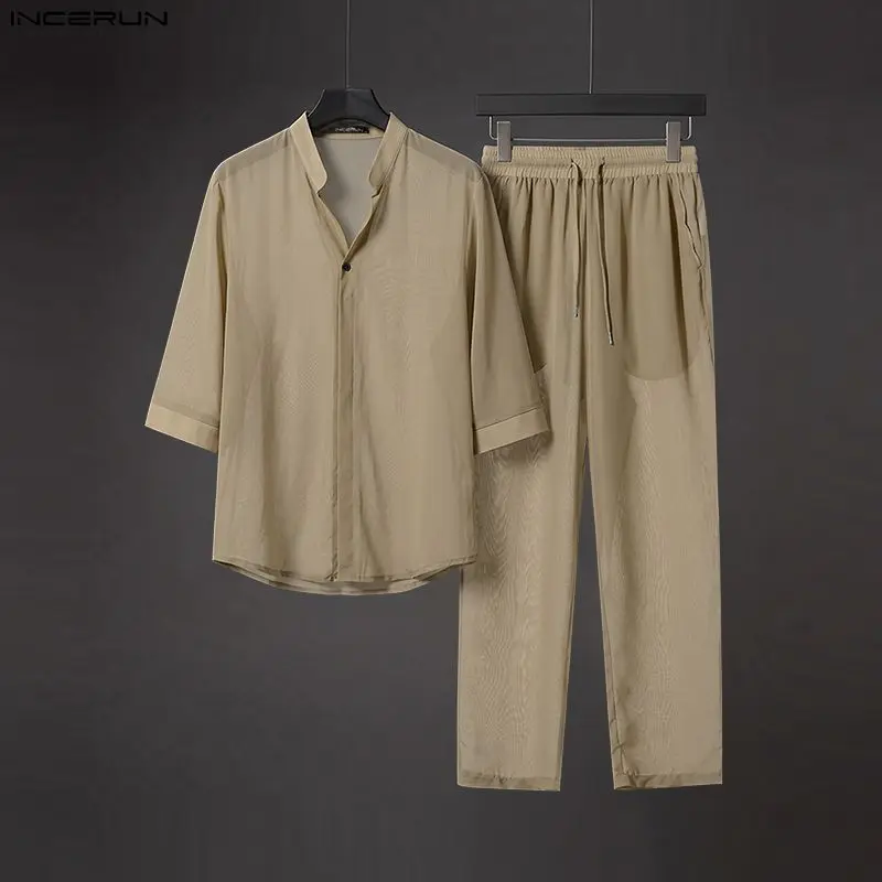 INCERUN Men's Sets Solid Color V Neck Half Sleeve Shirt Pants Two Piece Sets Streetwear Loose 2026 Men Matching Sets Tracksuits view 4