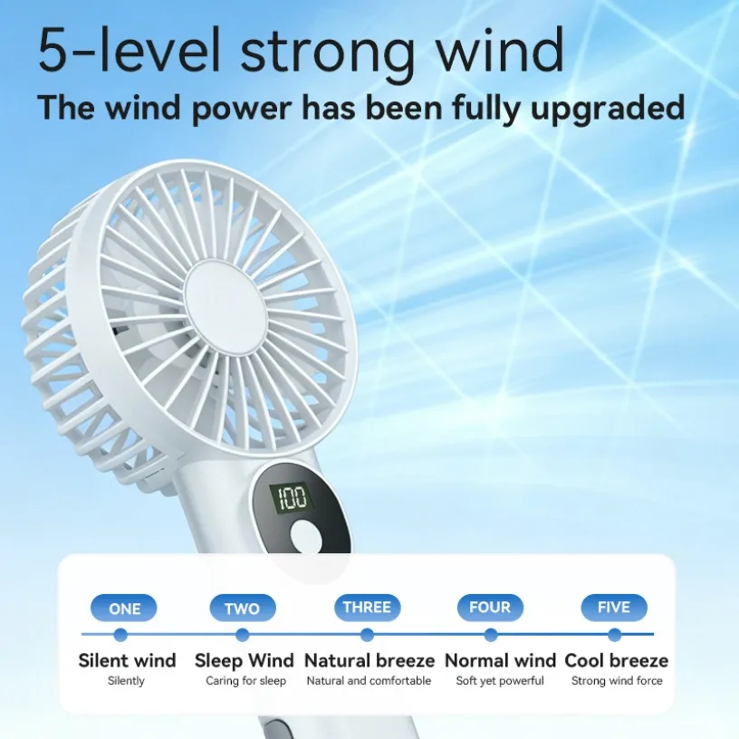 5 Levels Air Cooling Fan with Buckle Portable Handheld Fan LED Screen Outdoor for Home Office Outdoor USB-C Rechargeable Fans