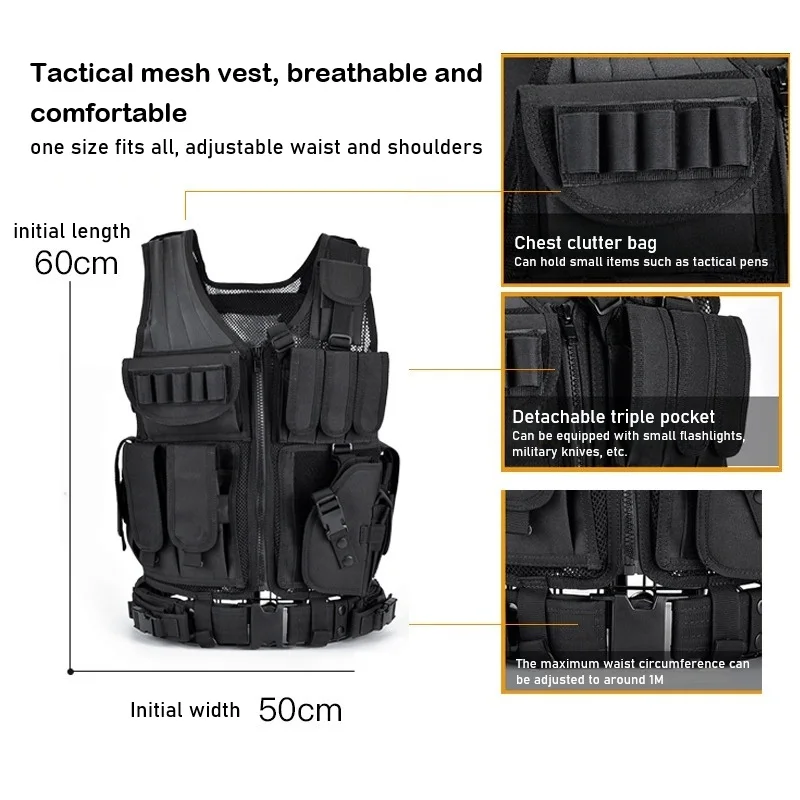 Multi-Pocket Tactical Vest Jacket 600D Oxford Adjustable Chest Rig Breathable Mesh Security Clothes for Army CS Training Camping