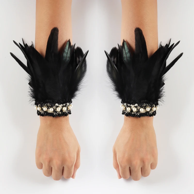 Manchettes gothiques en plumes de coq, chauffe-bras en plumes teintes naturelles, accessoires de spectacle sur scène pour fête Cosplay d'halloween Rave