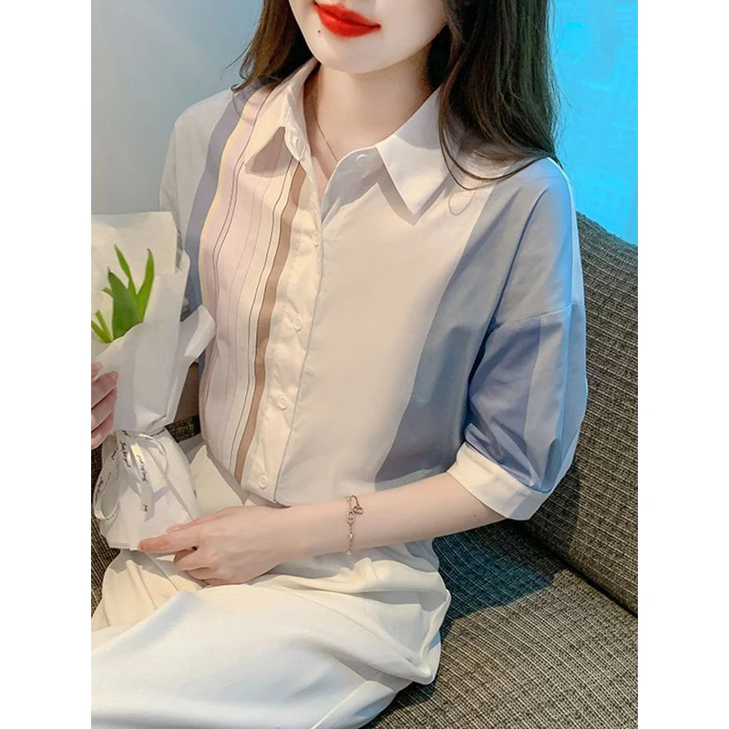 Women Trendy Contrast Color Striped Chic Shirts Summer Simple Casual Lapel Blouse Korean Short Sleeve Loose Tops Female Clothing