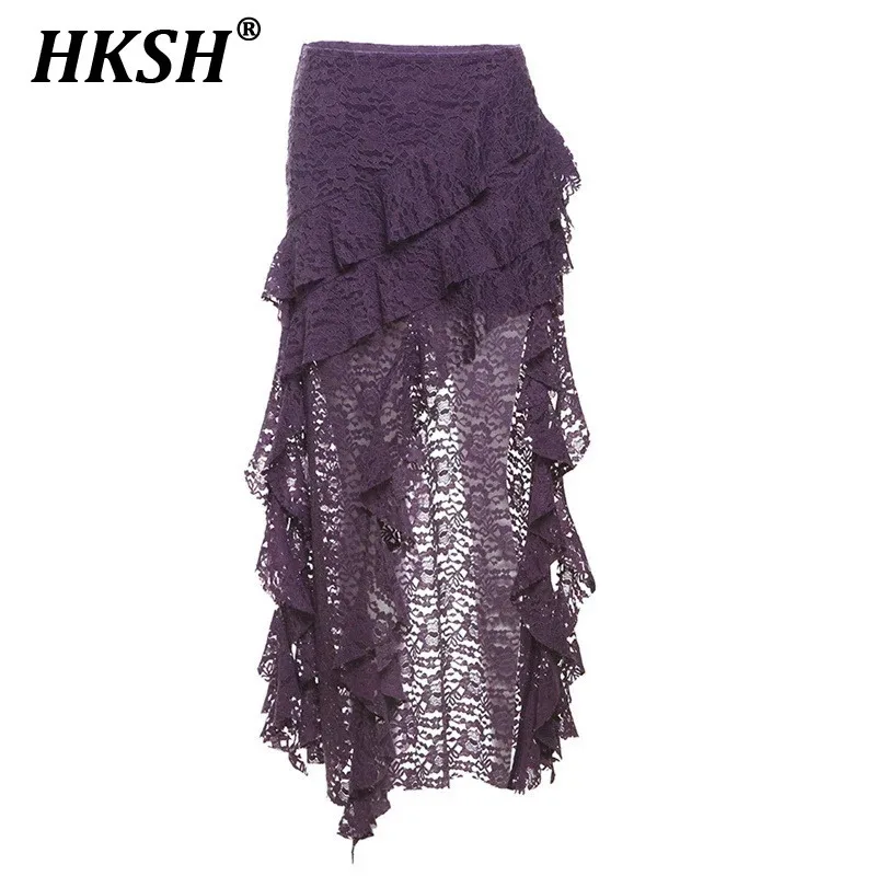 

HKSH Summer New Women's Stylish High Street Hotsweet Sexy Lace Ruffles Irrgular Original Design Casual Solid Color Skirts HK5790