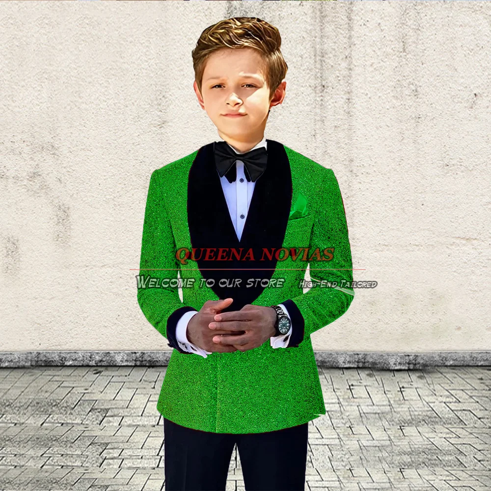 Green Kids Boy Suits Formal Party Wedding Tuxedo Sparkly Lurex Clothes Double Breasted Blazer Tailor-Made 2 Pieces Jacket Pants