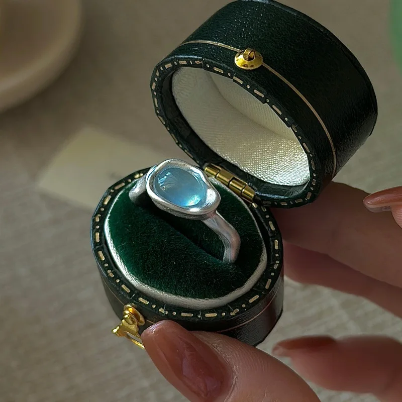 

CHOZON S925 Solid Silver Aquamarine Ring Korean Vintage Oxidized Stacking Jewelry Gift for Women