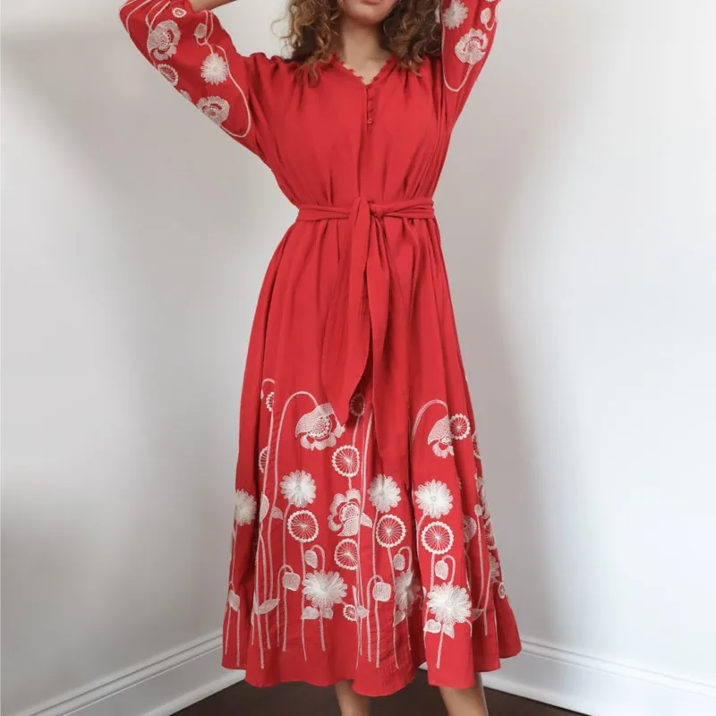 

Красное роскошное платье с цветочной вышивкой, осень 2024, женские платья миди с длинными рукавами и v-образным вырезом, повседневное пляжное праздничное платье