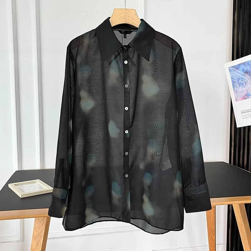 

Dave&Di French Fashion Printed Elegant See Through Shirt Office Ladies Casual Shirts Blouse Women Tops