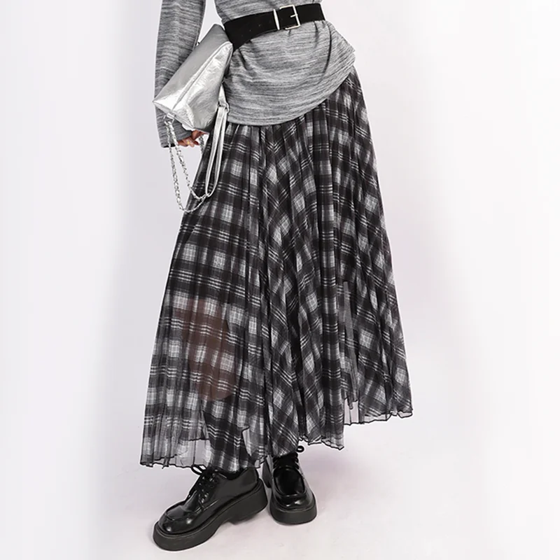 

Осень-зима клетчатая сетчатая тюлевая юбка женская эластичная трапециевидная юбка с высокой талией для работы и вечеринки длинная юбка макси