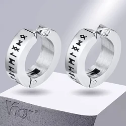 Vnox Viking Runes Hoop Earrings for Men, Non Pierced Clip Earrings, Stainless Steel Odin Norse Viking Amulet Letter Words Huggie