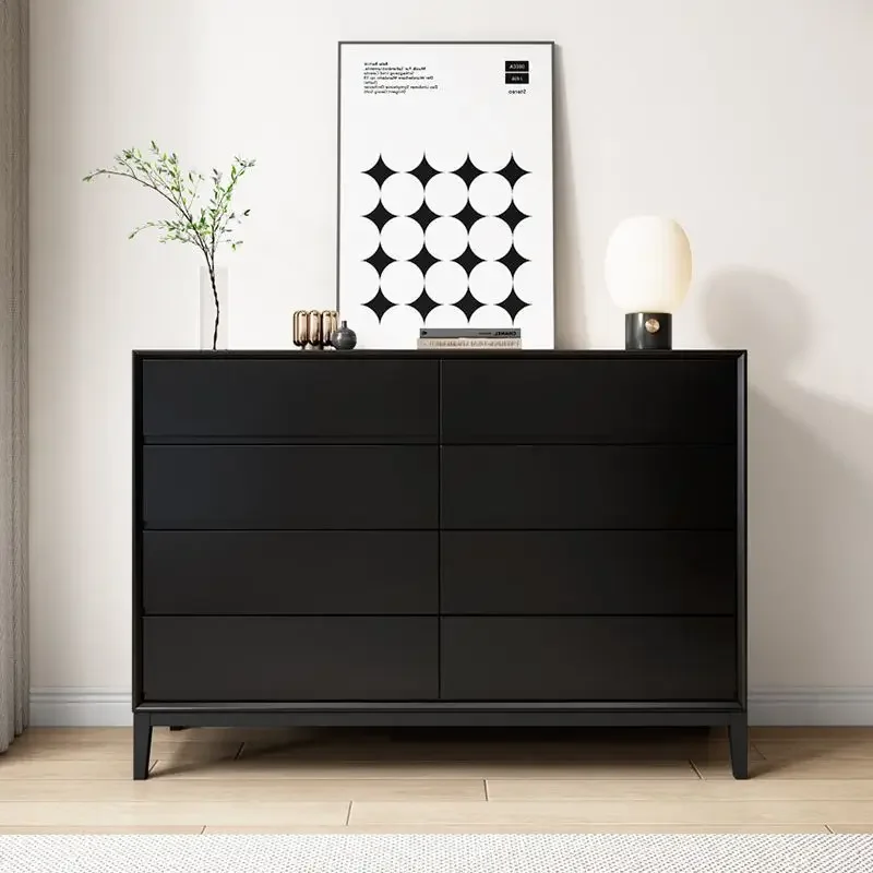 All solid wood chest of drawers, master bedroom, storage cabinet, Italian minimalist pure black, ultra-thin American integrated