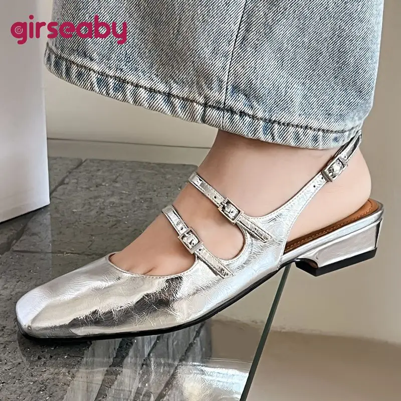 Girseaby 2025 Curated Genuine Sheepskin Ladies Sandals Square Toe Rear Belt Fastener Flat Soft Fashion Social Attire 33 40