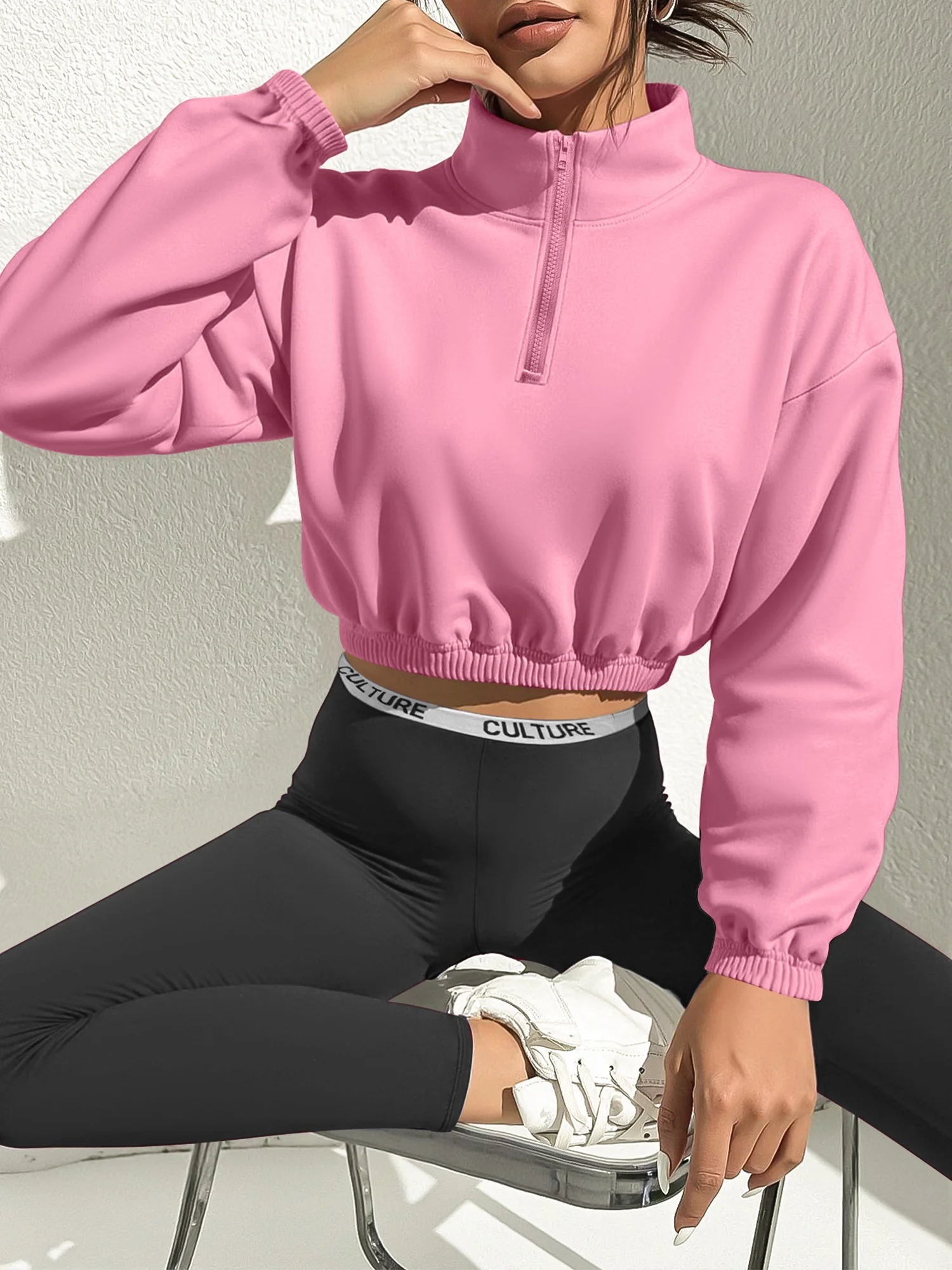 

Fashion Half Zip Cropped Sweatshirt For Women, Stand Collar Long Sleeve Pullover, Solid Color Streetwear Outfit