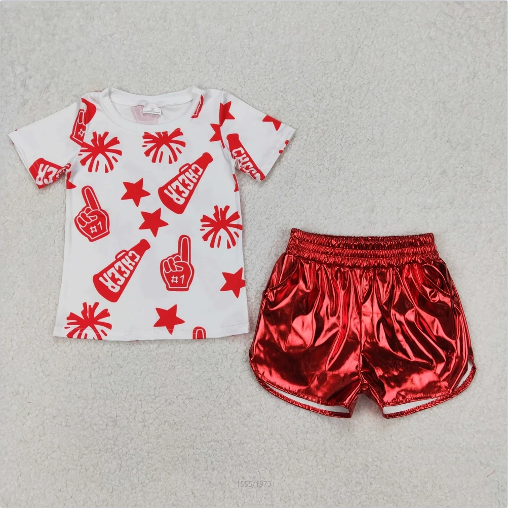 

Boutique Baby Girls Baby Girls Cheer Shirt Red Leather Metallic Shorts Clothes Sets Fashion Kids Children Clothing Girls Outfits