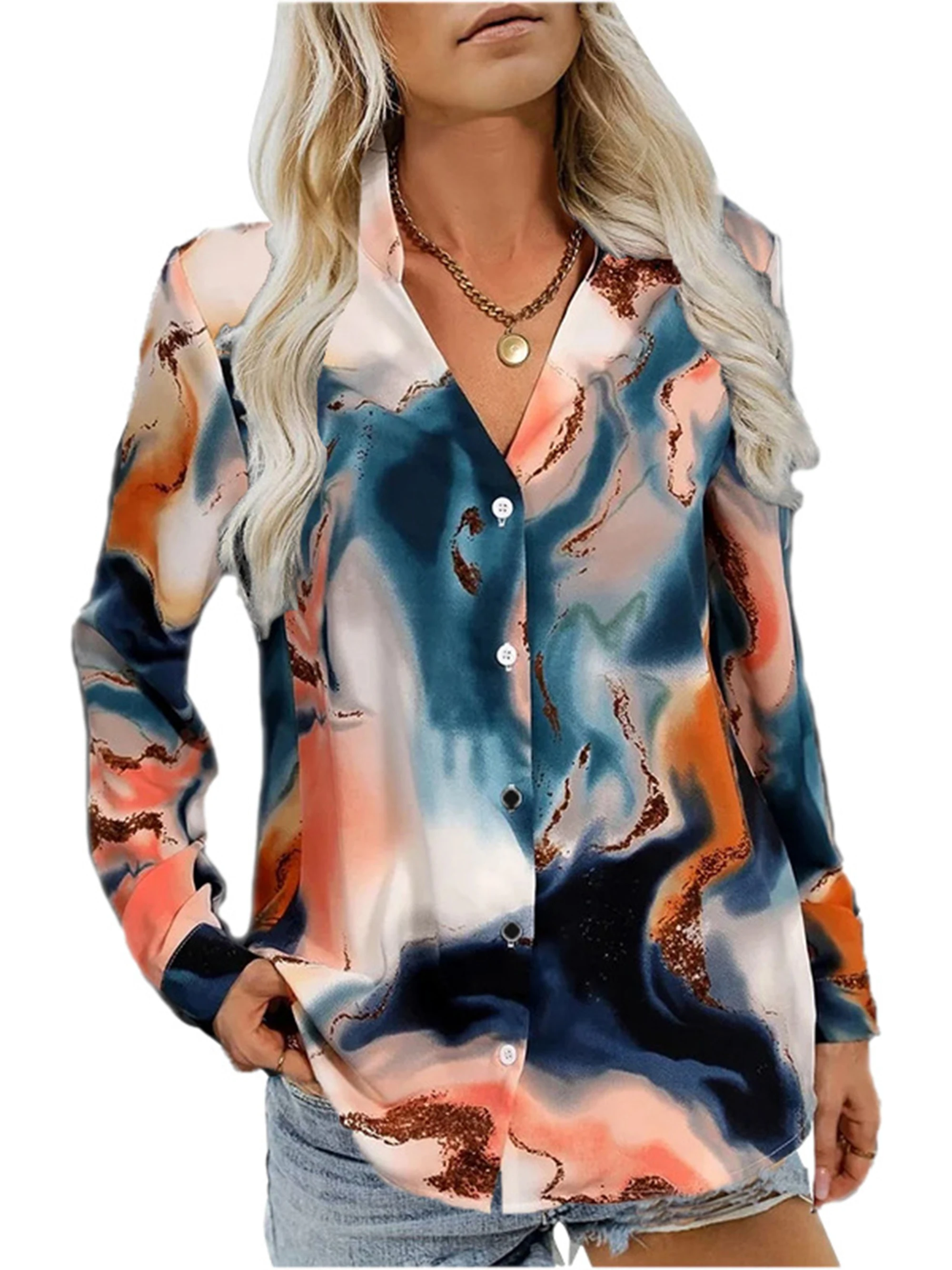 2024 Europe and the United States autumn new women\'s long-sleeve printed button-down shirt V-neck blouse women