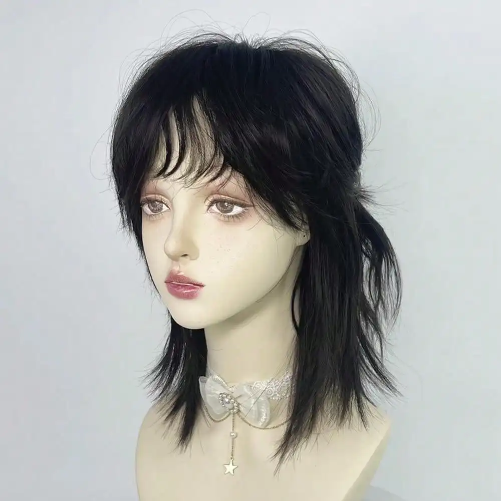 شعر مستعار أسود قصير مستقيم مقاوم للحرارة مع ألياف صناعية للنساء من أجل لوليتا كوسبلاي الهالوين وعيد الميلاد كاجوال جلام #4