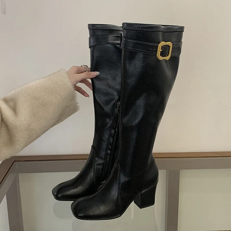 

Eilyken Autumn Winter Design Belt Buckle Zipper Women Knee-High Boots Punk Style Soft Leather Round Toe Square Heels Shoes