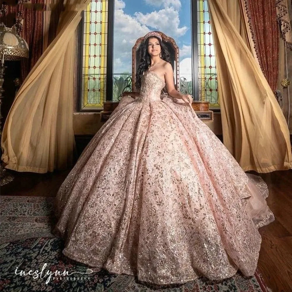 Rose Gold Charro Quinceanera Dresses Ball Gown Sweetheart Sequins Lace Sparkle Puffy Mexican Sweet 16 Dresses 15 Anos Customized