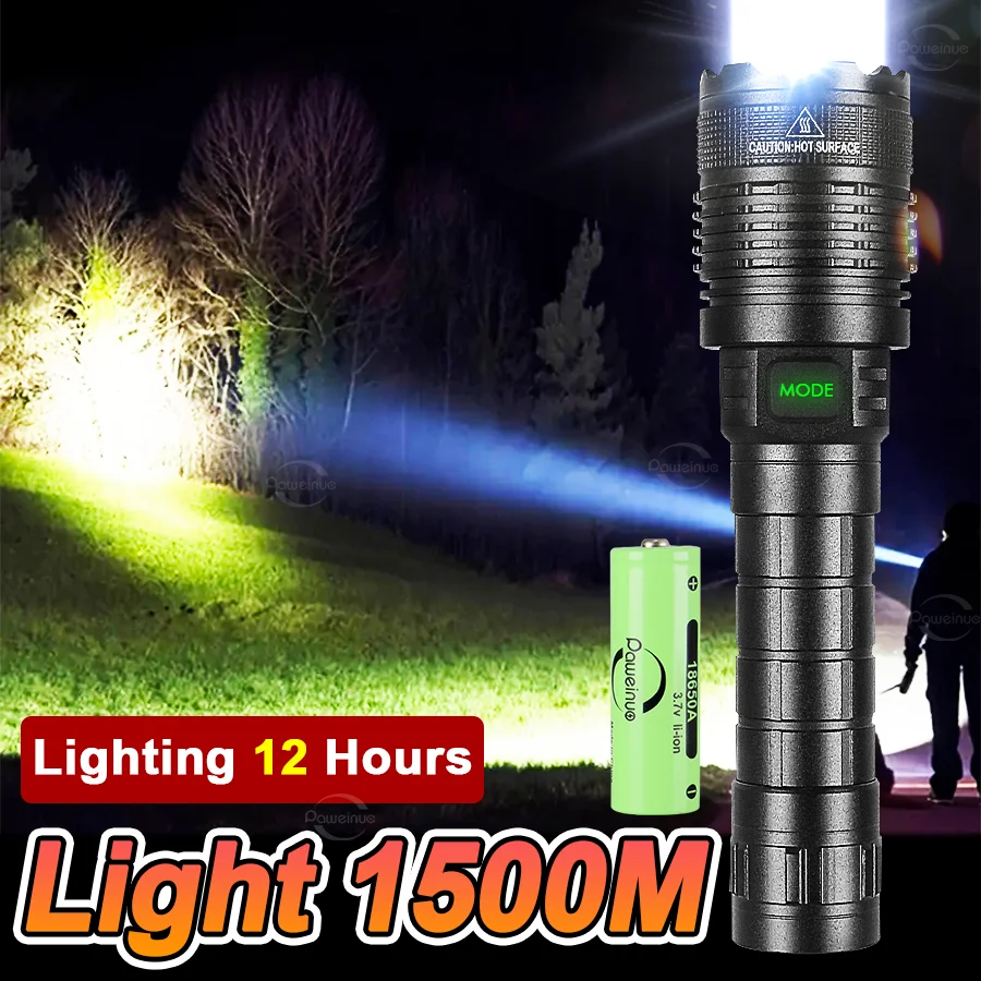 

Светодиодный фонарик высокой мощности, перезаряжаемый через USB, тактический фонарь с дальностью действия 1500 м, портативный уличный фонарь для кемпинга и рыбалки