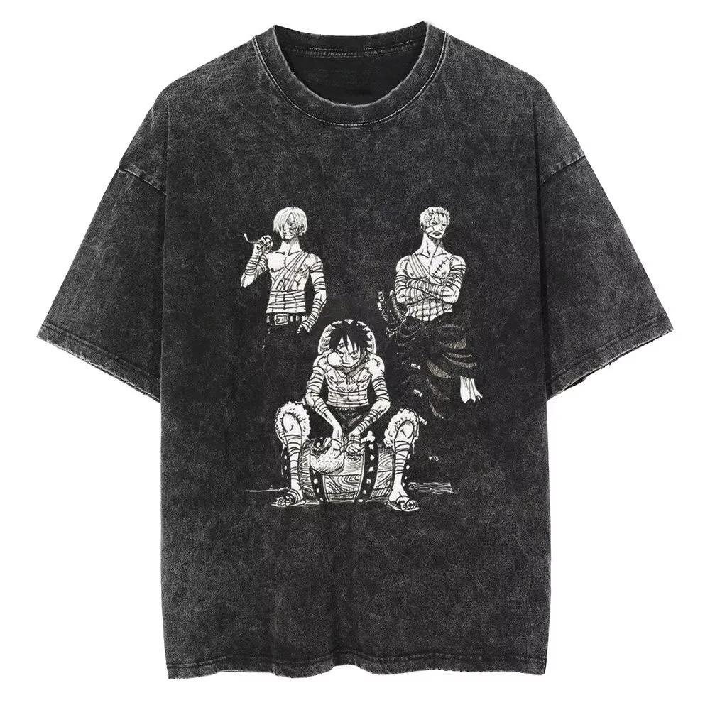 

Acid Washed One Piece Luffy Zoro Sanji Graphic Tee Unisex Oversized Crewneck Cotton Retro Anime Streetwear Premium Comfort Tees