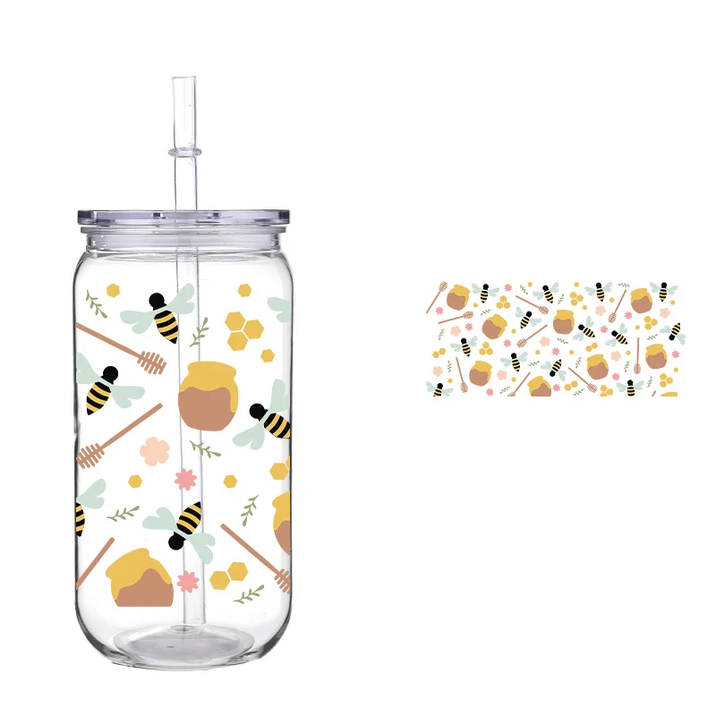 Little Bee Pattern PET Cup With Straw Transparent Lid Can Hold Milk Coffee Juices Beer 16oz Cup 6
