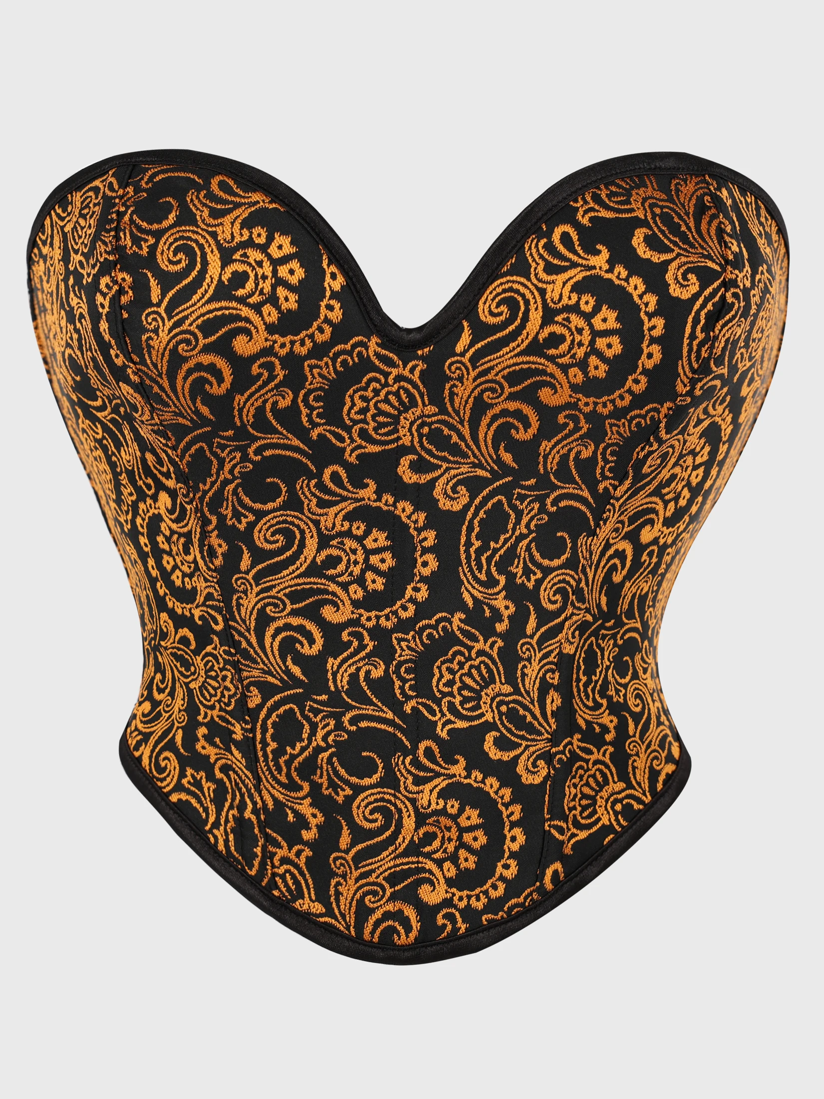 

Retro black and gold jacquard belted corset Gothic style plunging shaping Victorian style cinched tight corset