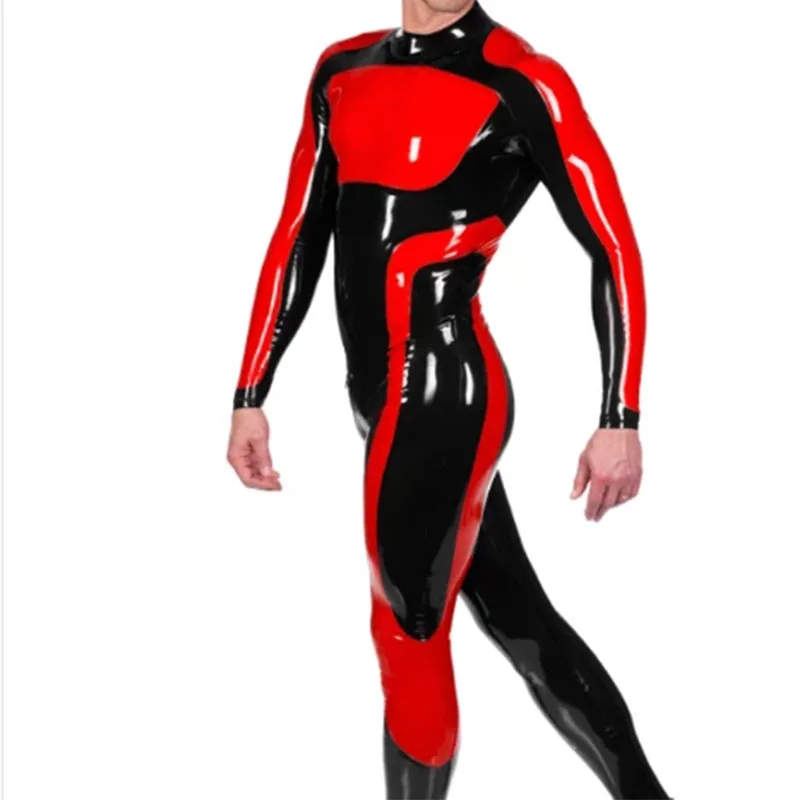 Catsuit de látex hecho a mano para hombre, traje fetiche con cremallera trasera, color negro y rojo, tamaño de goma de 0,4mm, XXS-XXL