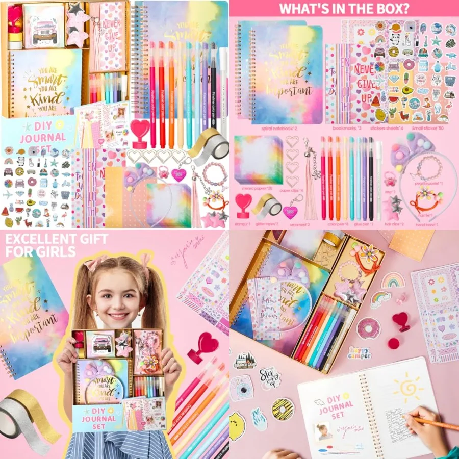 

Girls DIY Diary 54 Pcs Set for Ages 6-13: Creative Stationery Kit with Thin Stickers and Daily Supplies Perfect Gift for Teen G