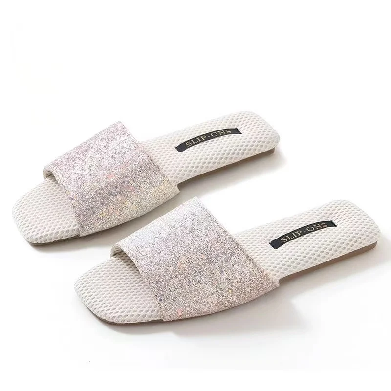 

Women High Quality PU Leather Bling Open Toe Slipper Spring summer New Soft sole Non Slip Breathable Home Slippers Floor Slipper