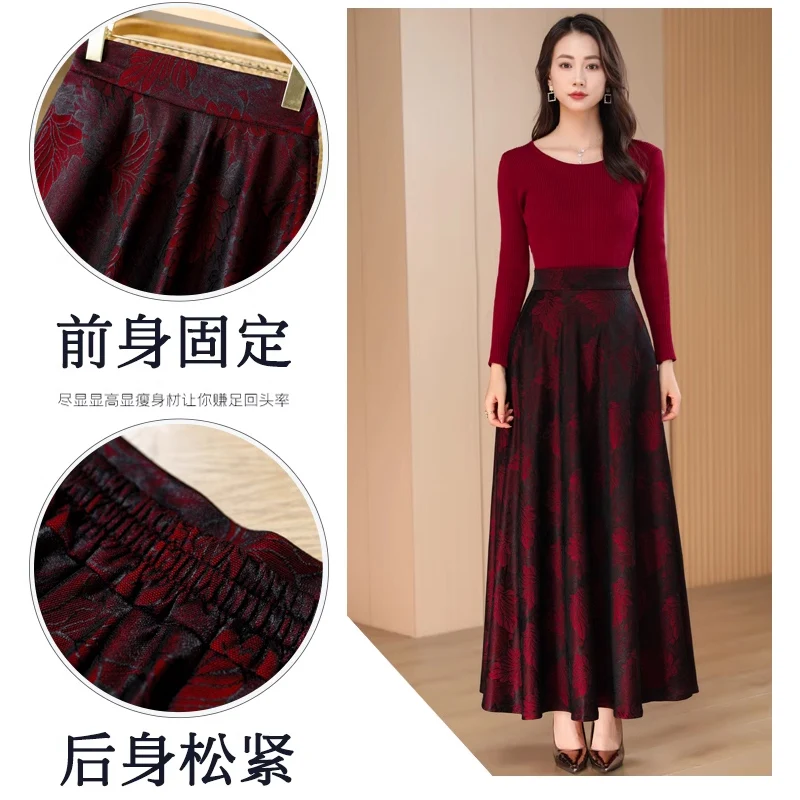 Fashion Elegant Autumn Floral Jacquard Maxi Ladies skirt 2024  A-line Long Skirts Womens