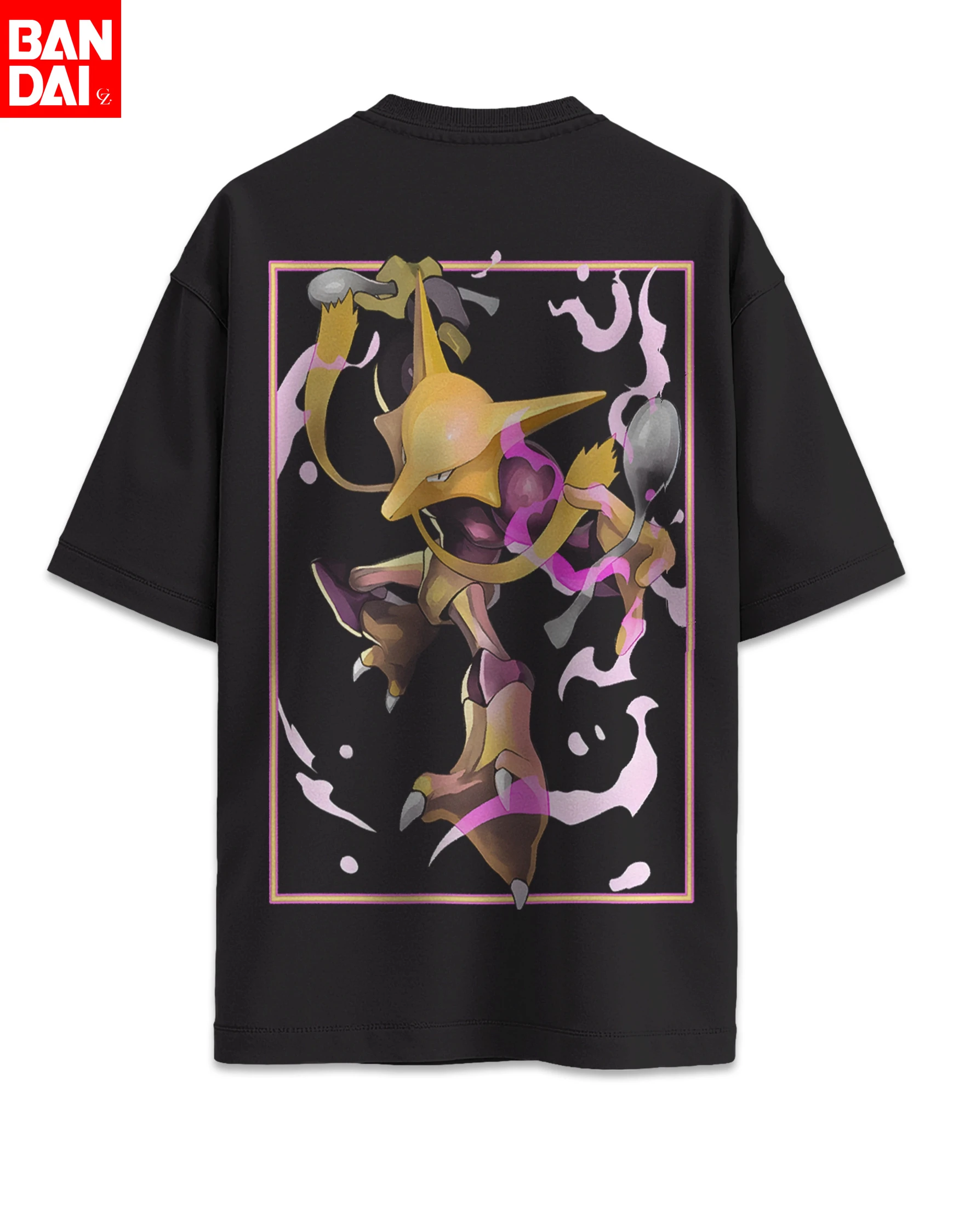 camiseta-oversized-masculina-de-algodao-com-estampa-vintage-lavada-design-de-moldura-aura-roxa-e-tema-pokemon-alakazam-tipo-psiquico--colecao-verao-2026