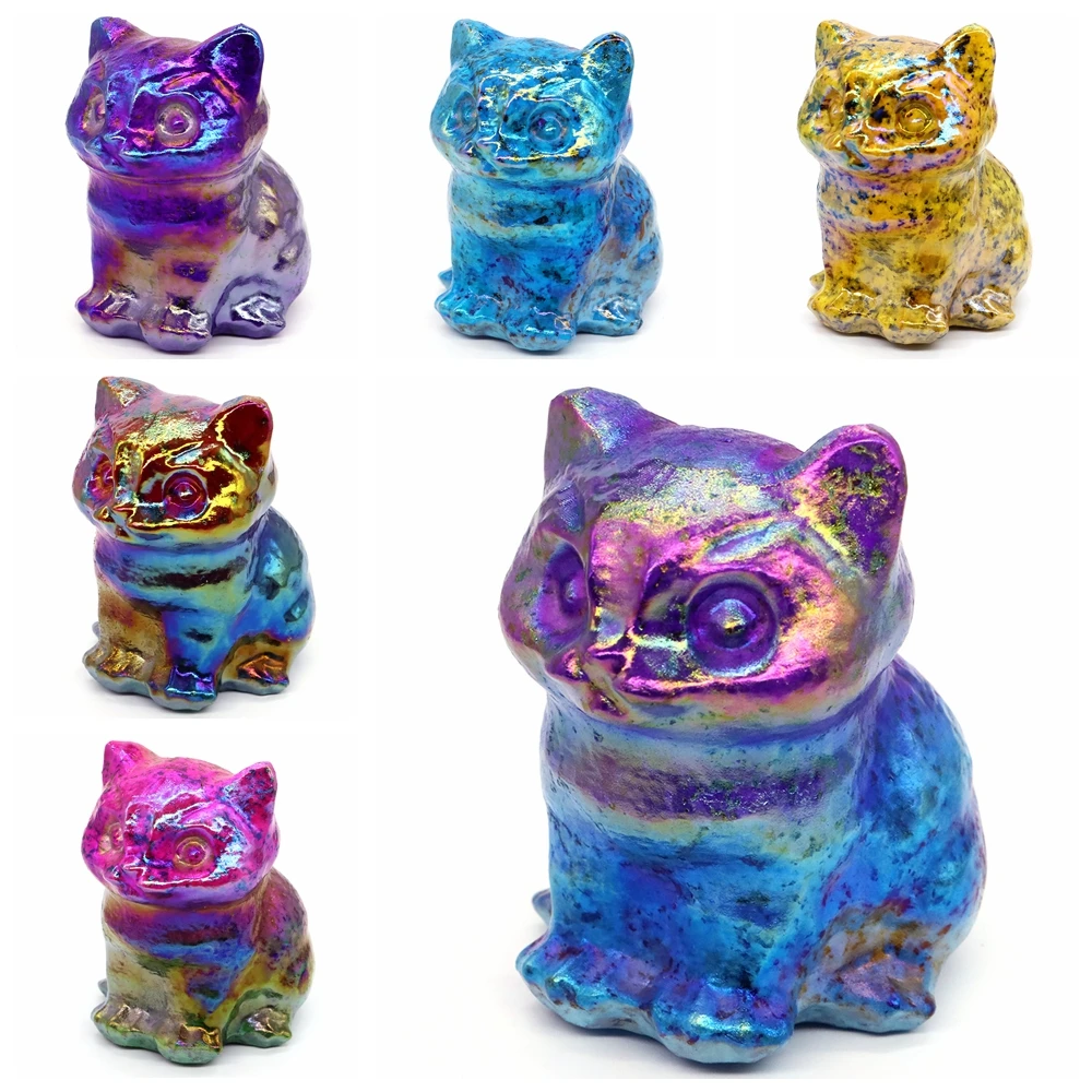 75mm Cat Figurines Natural Crystal Electroplated Carving Cute Animals Gift Souvenir Delightful Home Decor Reiki Stone Ornaments