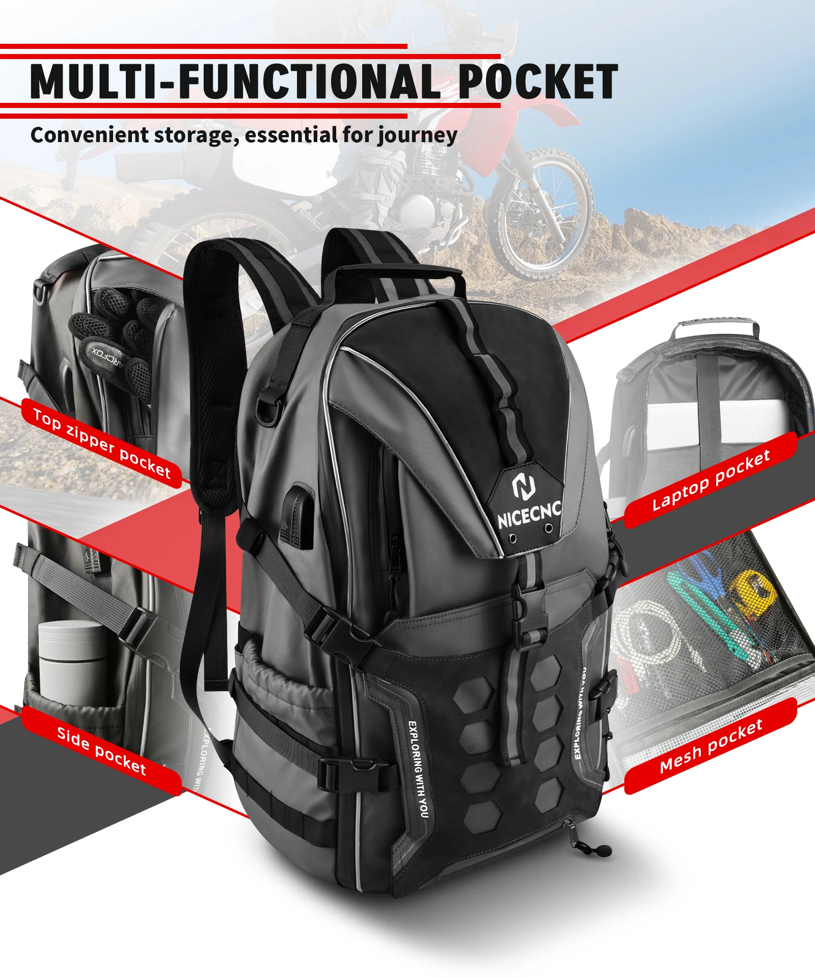 Motorrad-Rucksack für Motorradfahrer, wasserdicht, 35 l, Motorradhelm-Aufbewahrungstasche mit USB-Ladeanschluss, Ausflug, Reisen, Herren-Rucksack