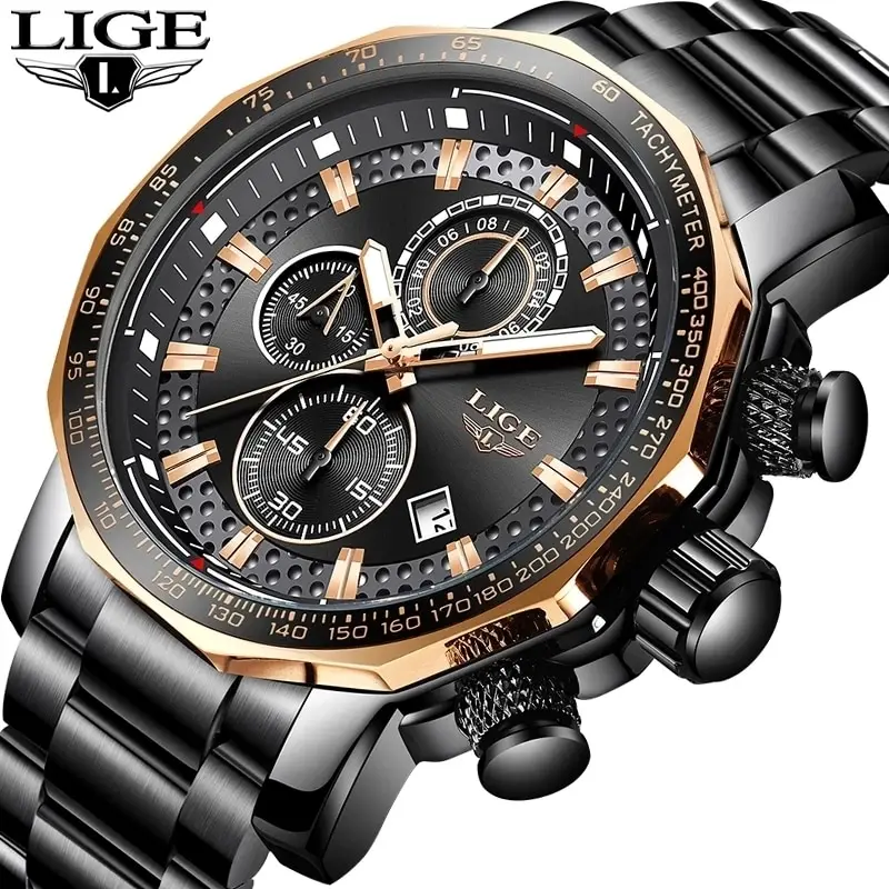 LIGE New Sport Chronograph Mens Watches Top Brand Luxury Full Steel Quartz Clock Waterproof Big Dial Watch Men Montre Homme