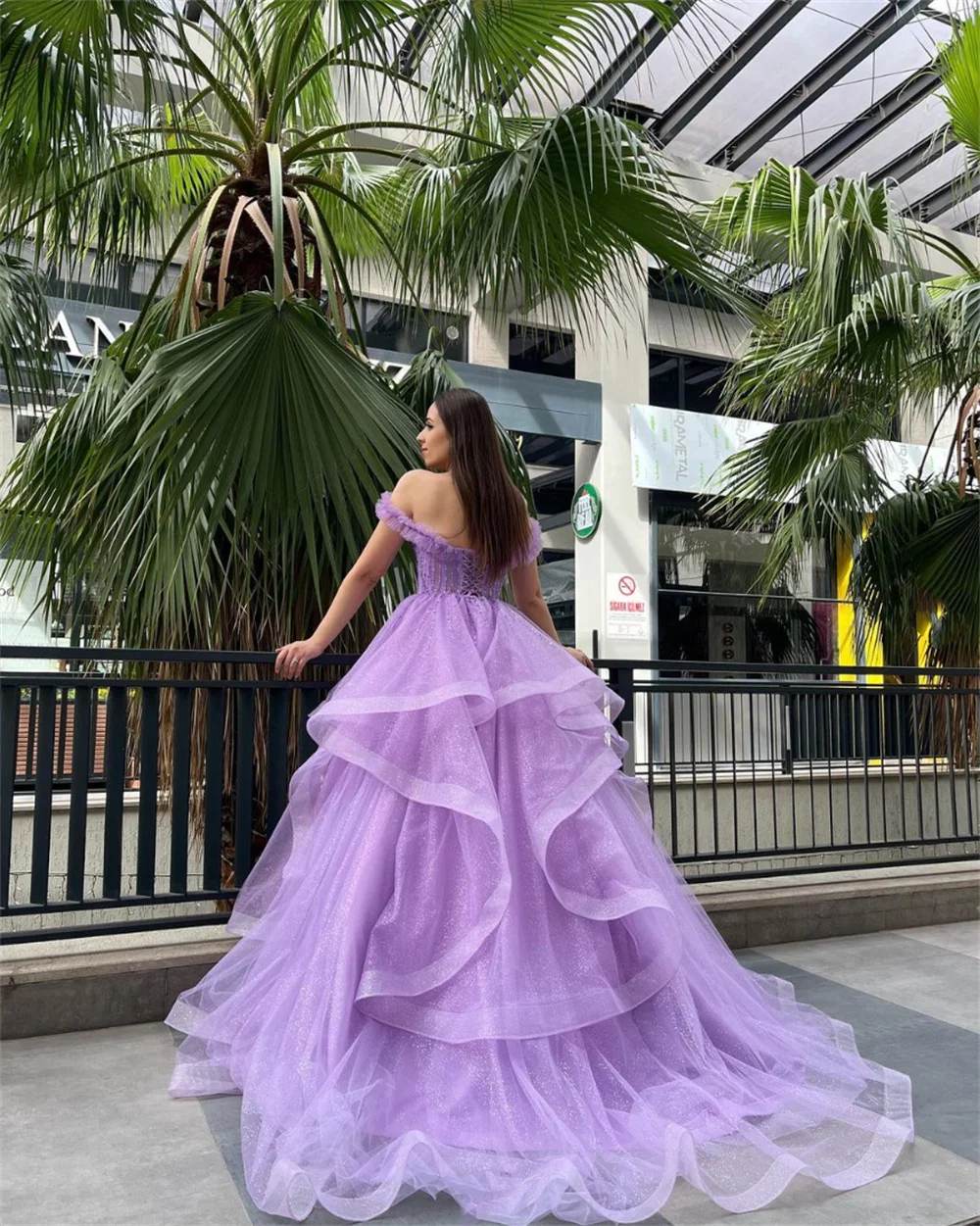 Sansa Purple Off Shoulder Prom Dress Sweet Curling Edge Evening Dresses Shiny Puffy Vestidos De Fiesta فساتين سهرة