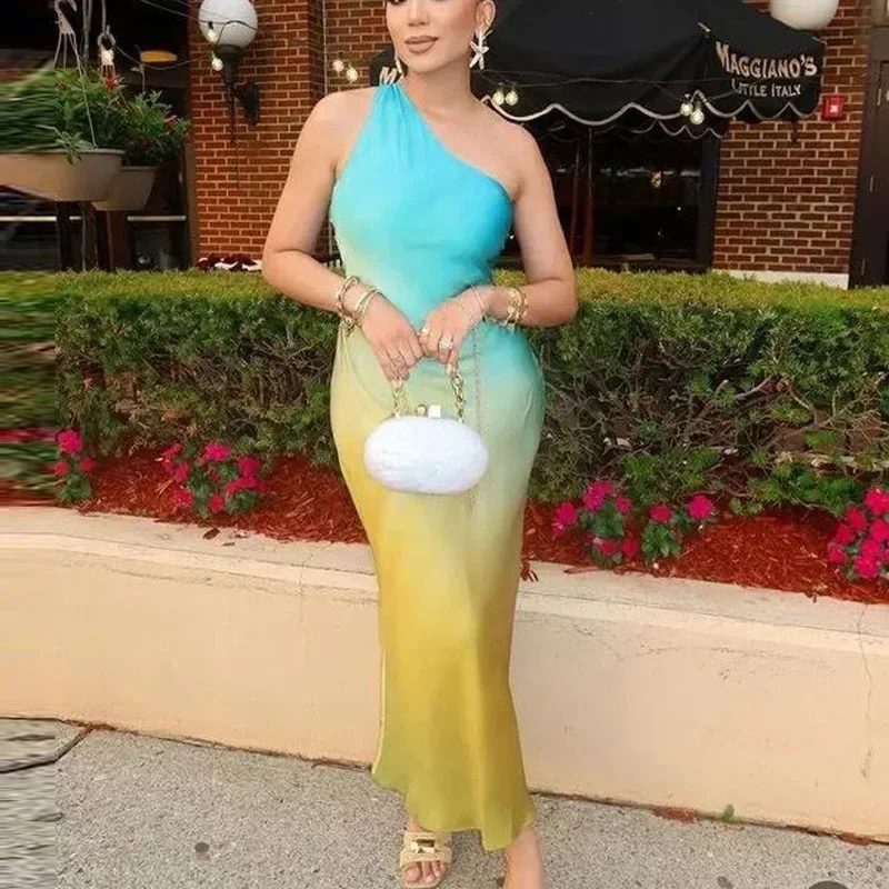 الصيف التعادل صبغ الساتان Vestidos المرأة غير المتماثلة قبالة فستان باكتاف مفتوحة الإناث عقدة عارية الذراعين فساتين طويلة بلا أكمام فستان الحفلات