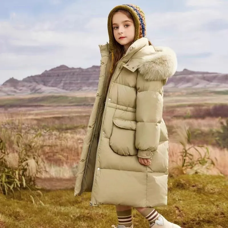 Girl\'s Winter Down Jacket Medium Length and Stylish Children\'s Thick Coat Girl\'s Down Jacket With a Fur Collar Kids