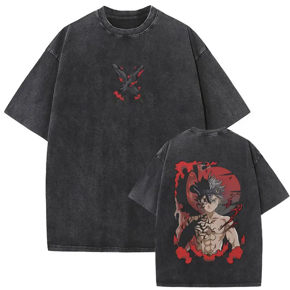 Anime Black Clover Yuno Grinbellor Vintage Washed T-shirt Men Women Retro Cotton T Shirt Men's Cartoon Manga Harajuku T-shirts