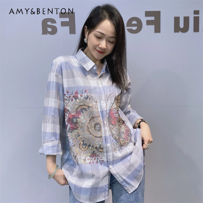 

Autumn Striped Single-breasted Long-sleeves Rhinestone Jacket Plaid Shirt 2025 New Loose Casual Versatile Y2k Cardigan Blouse