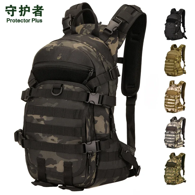 Mochila táctica de 25 litros para senderismo, bolsa impermeable de camuflaje para actividades al aire libre, con capacidad para una bolsa de agua y un casco.