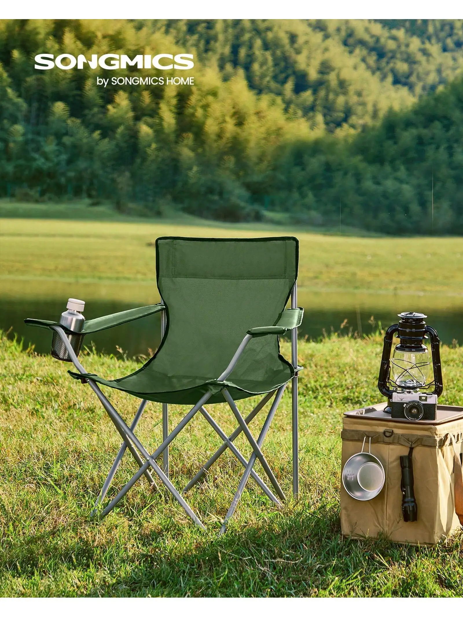 SONGMICS Set of 2 Folding Camping Chairs: Armrests, Cup Holder, Portable. 120 kg Capacity for Camping, Garden, Fishing, Beach