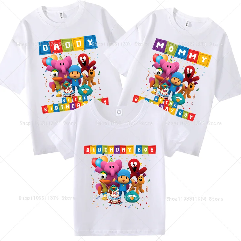 Pocoyos Family T-shirt Anime Short Sleeve Tops Clothes Parent Kids Birthday Party Cotton Tee Father Mother Boy Matching Outfits